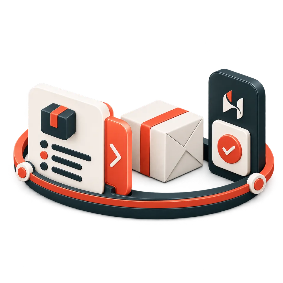 An order summary card, a coral 'next' step, a wrapped parcel and a phone showing an approval check mark.
