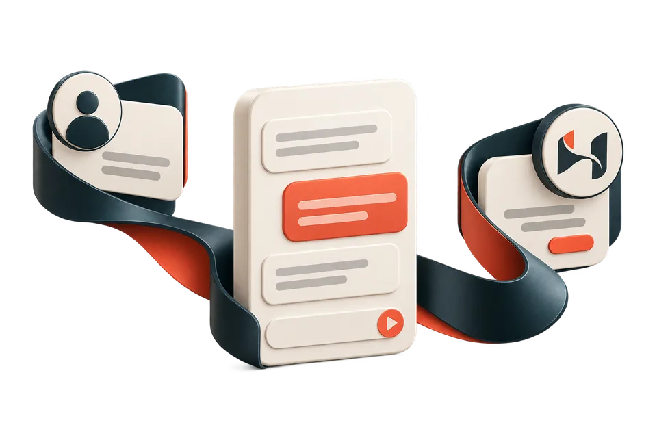 A chat window between a customer card and the Hamnivo mark, joined by a flowing ink and coral ribbon.