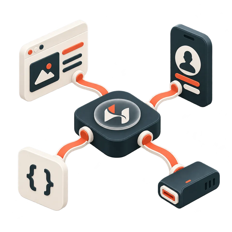 A central Hamnivo hub connected by coral cables to a website, a mobile app, an API code block and a server.