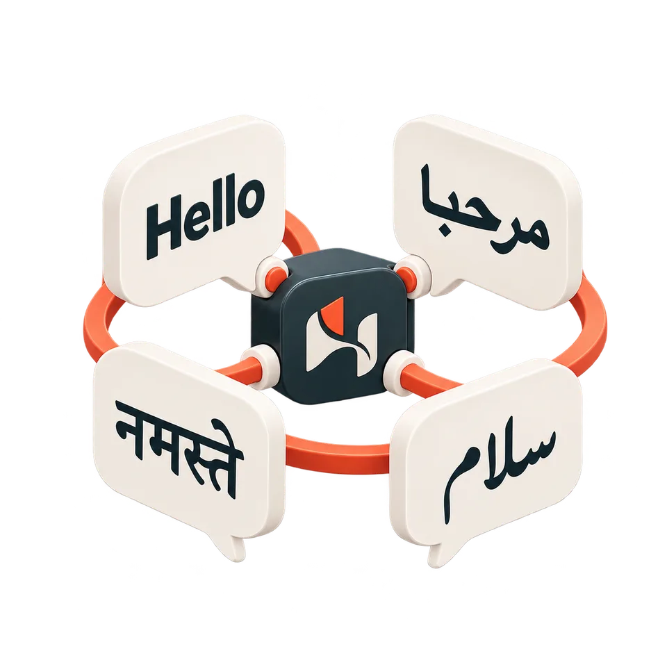 Four speech bubbles saying Hello, Marhaba, Namaste and Salam around the Hamnivo hub, joined by a coral ring.